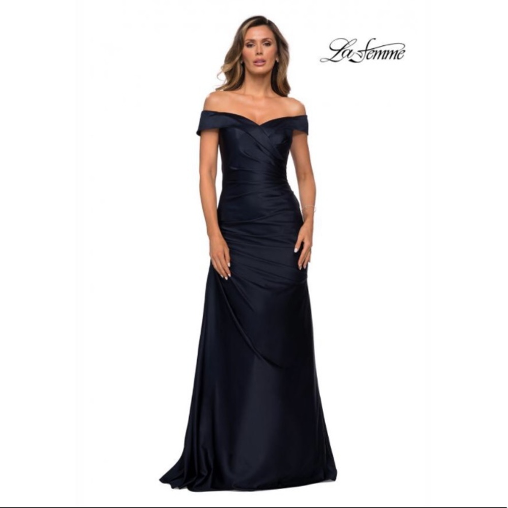 La Femme ruched satin trumpet gown
